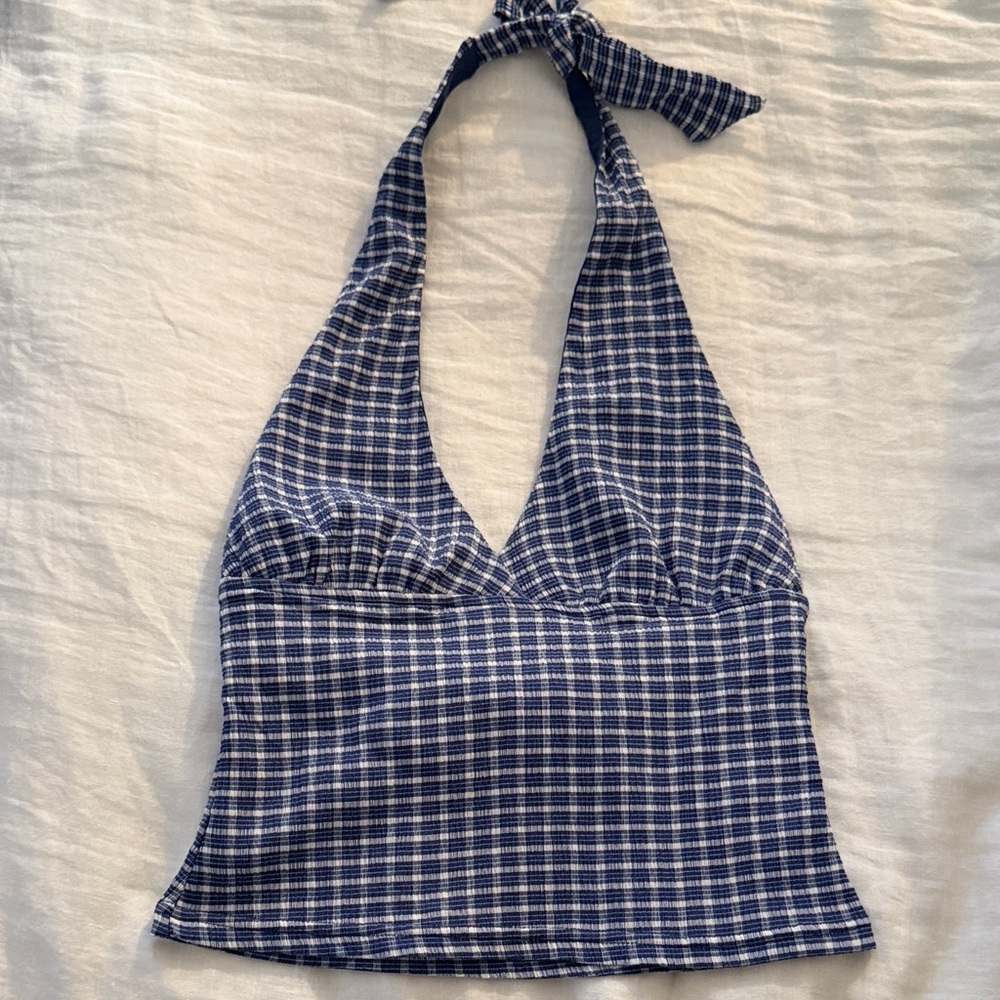 Princess Polly Blue and White Plaid Halter Crop Top